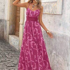 Purple Boho Women's Floral Print Backless Sundress
